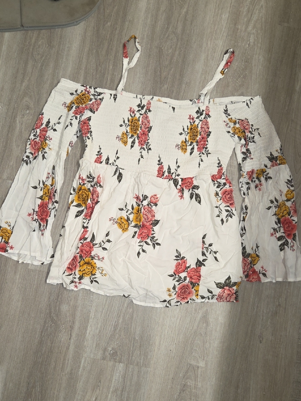 torrid White Off-Shoulder Floral Tunic with Pink & Yellow Roses
